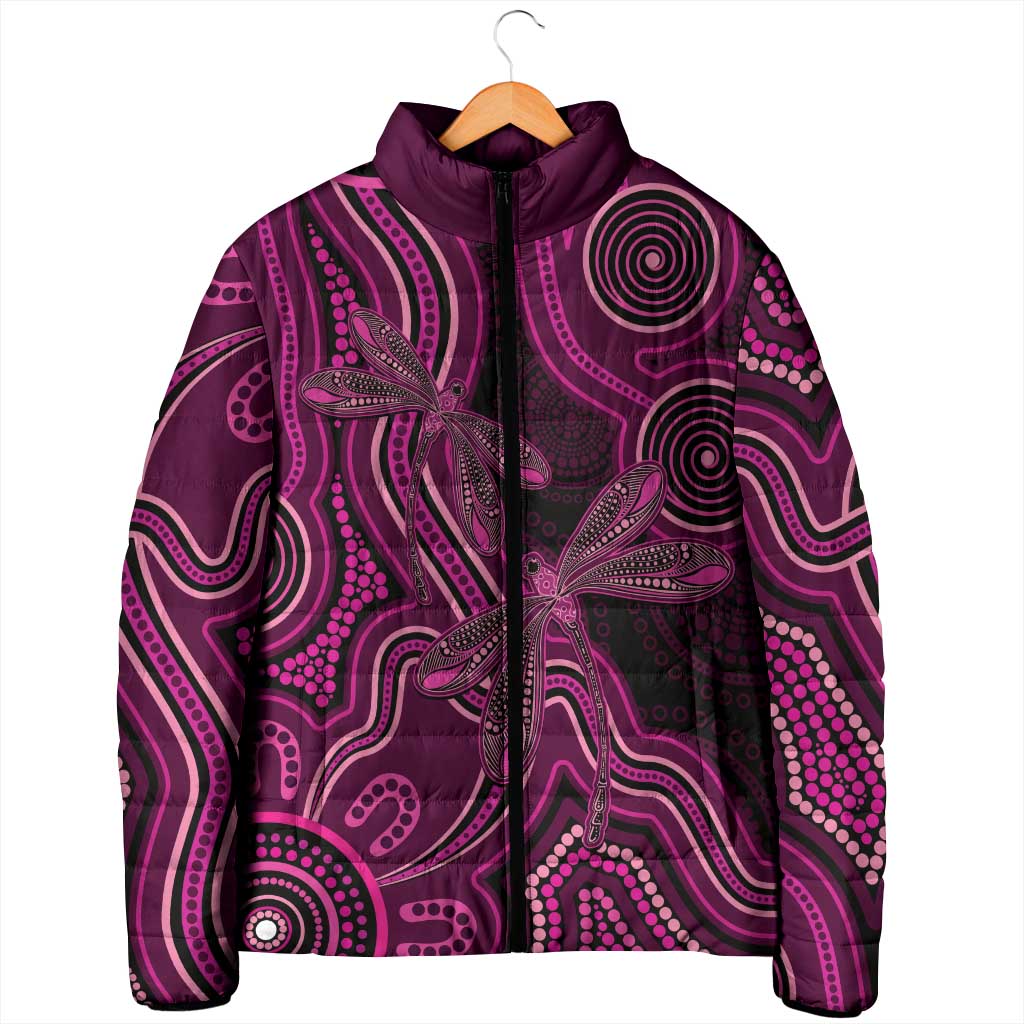 Australia Breast Cancer Awareness Padded Jacket Pink Dragonflies Aboriginal Art - Aussie Hoodie