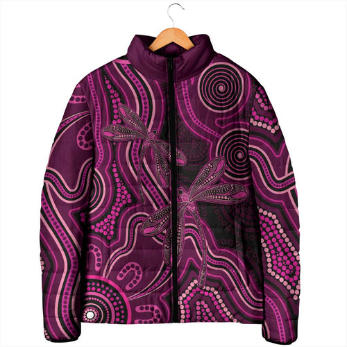 Australia Breast Cancer Awareness Padded Jacket Pink Dragonflies Aboriginal Art - Aussie Hoodie