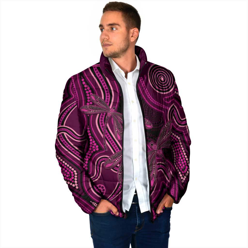 Australia Breast Cancer Awareness Padded Jacket Pink Dragonflies Aboriginal Art - Aussie Hoodie