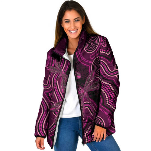 Australia Breast Cancer Awareness Padded Jacket Pink Dragonflies Aboriginal Art - Aussie Hoodie