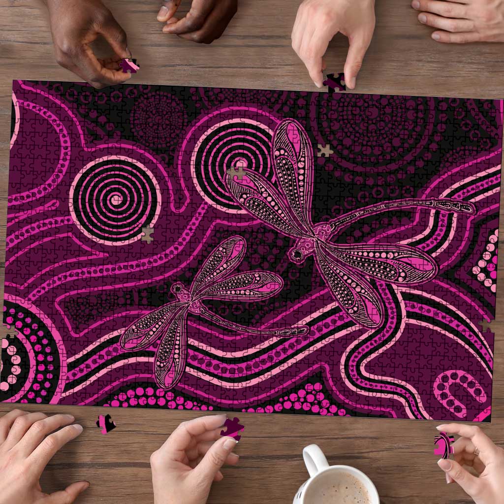 Australia Breast Cancer Awareness Puzzle Pink Dragonflies Aboriginal Art - Aussie Hoodie