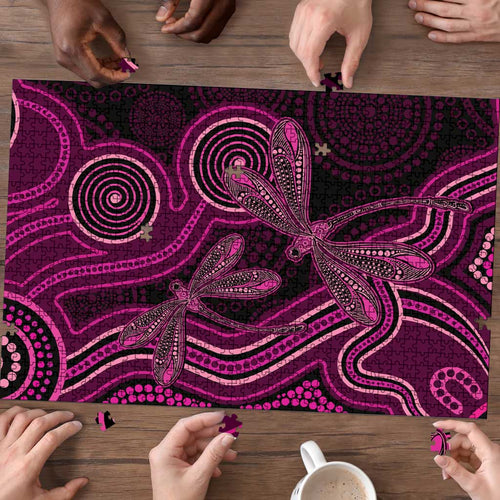 Australia Breast Cancer Awareness Puzzle Pink Dragonflies Aboriginal Art - Aussie Hoodie