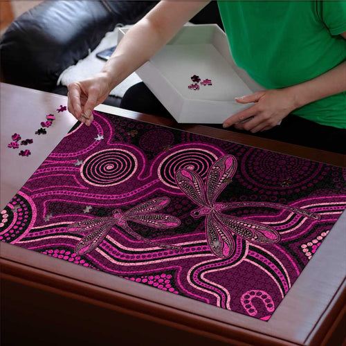 Australia Breast Cancer Awareness Puzzle Pink Dragonflies Aboriginal Art - Aussie Hoodie