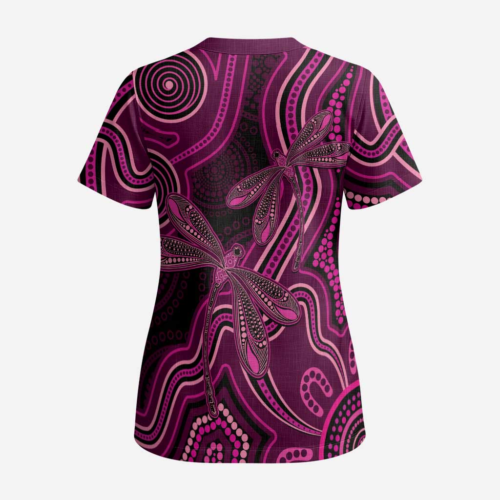 Australia Breast Cancer Awareness Scrub Top Pink Dragonflies Aboriginal Art - Aussie Hoodie