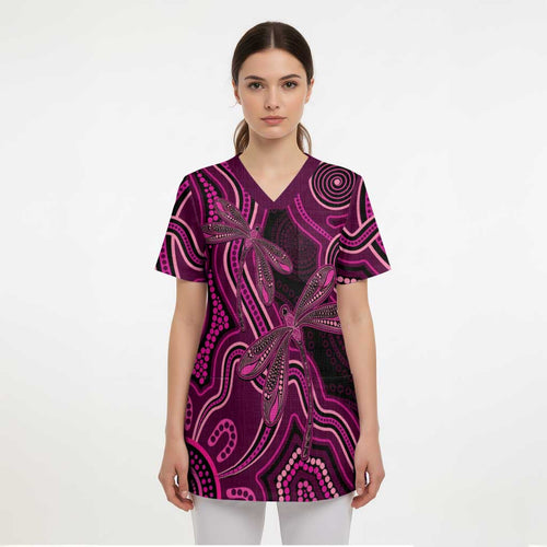 Australia Breast Cancer Awareness Scrub Top Pink Dragonflies Aboriginal Art - Aussie Hoodie