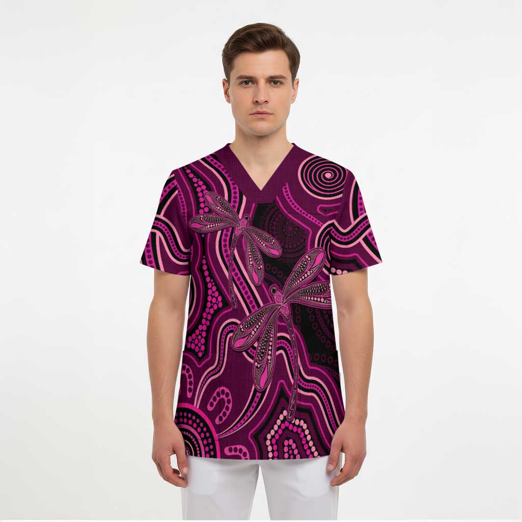 Australia Breast Cancer Awareness Scrub Top Pink Dragonflies Aboriginal Art - Aussie Hoodie