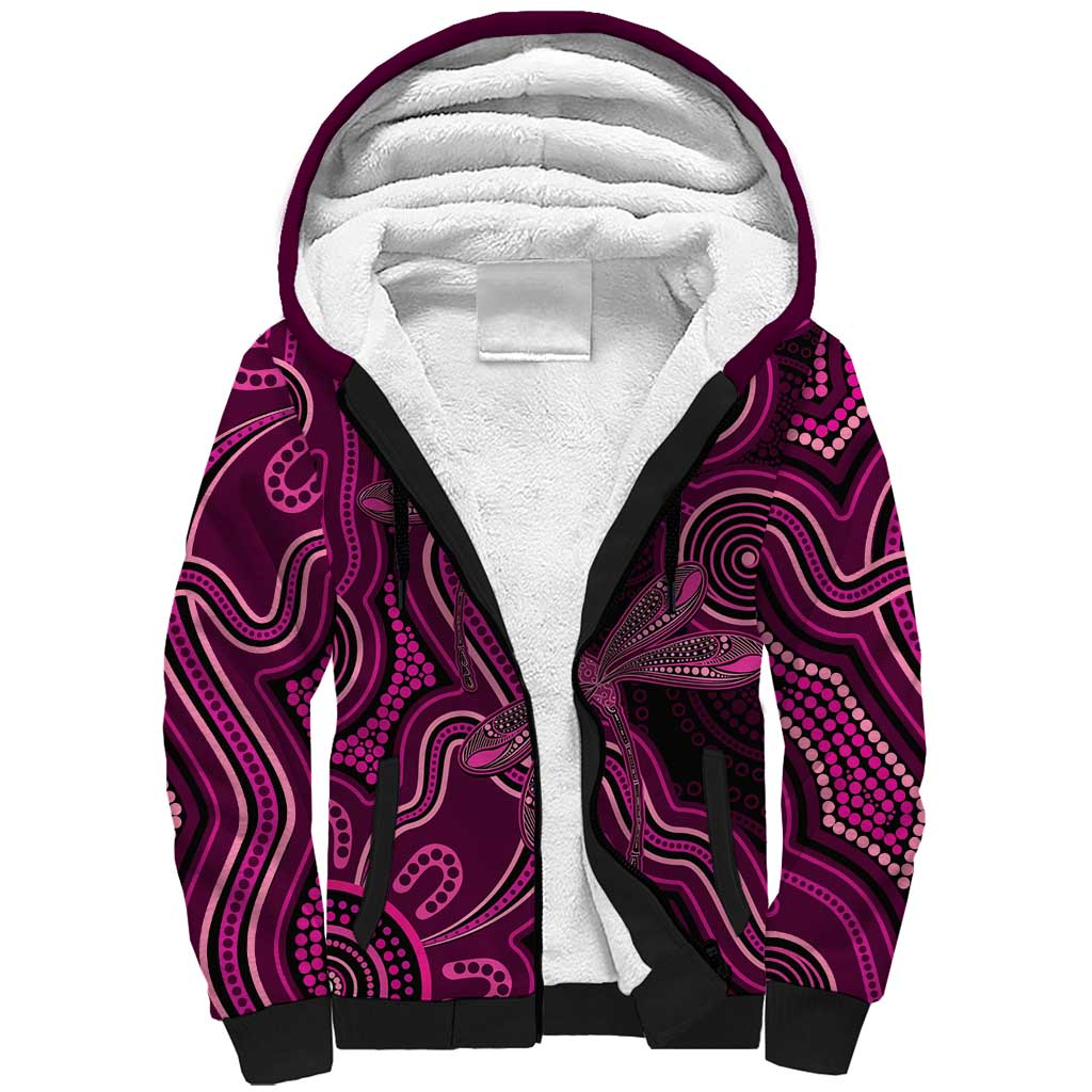 Australia Breast Cancer Awareness Sherpa Hoodie Pink Dragonflies Aboriginal Art - Aussie Hoodie