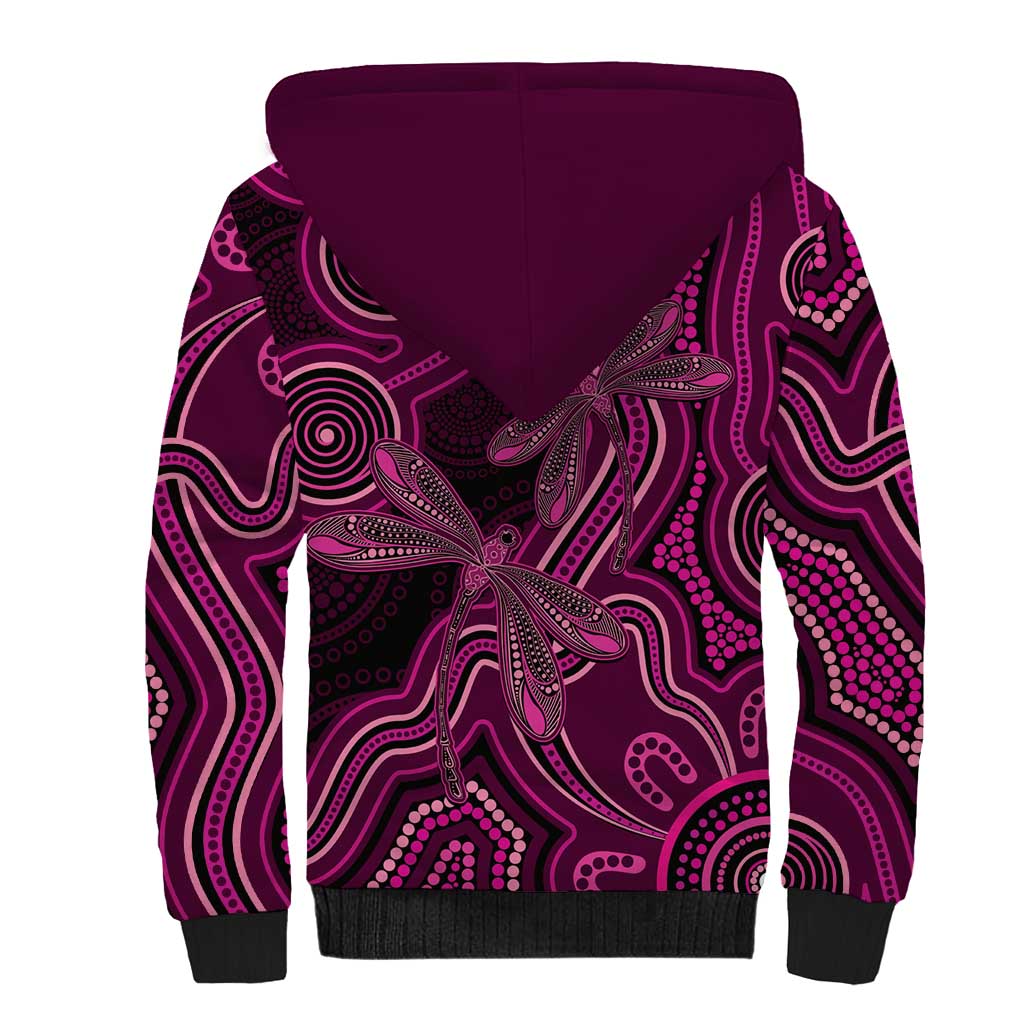 Australia Breast Cancer Awareness Sherpa Hoodie Pink Dragonflies Aboriginal Art - Aussie Hoodie