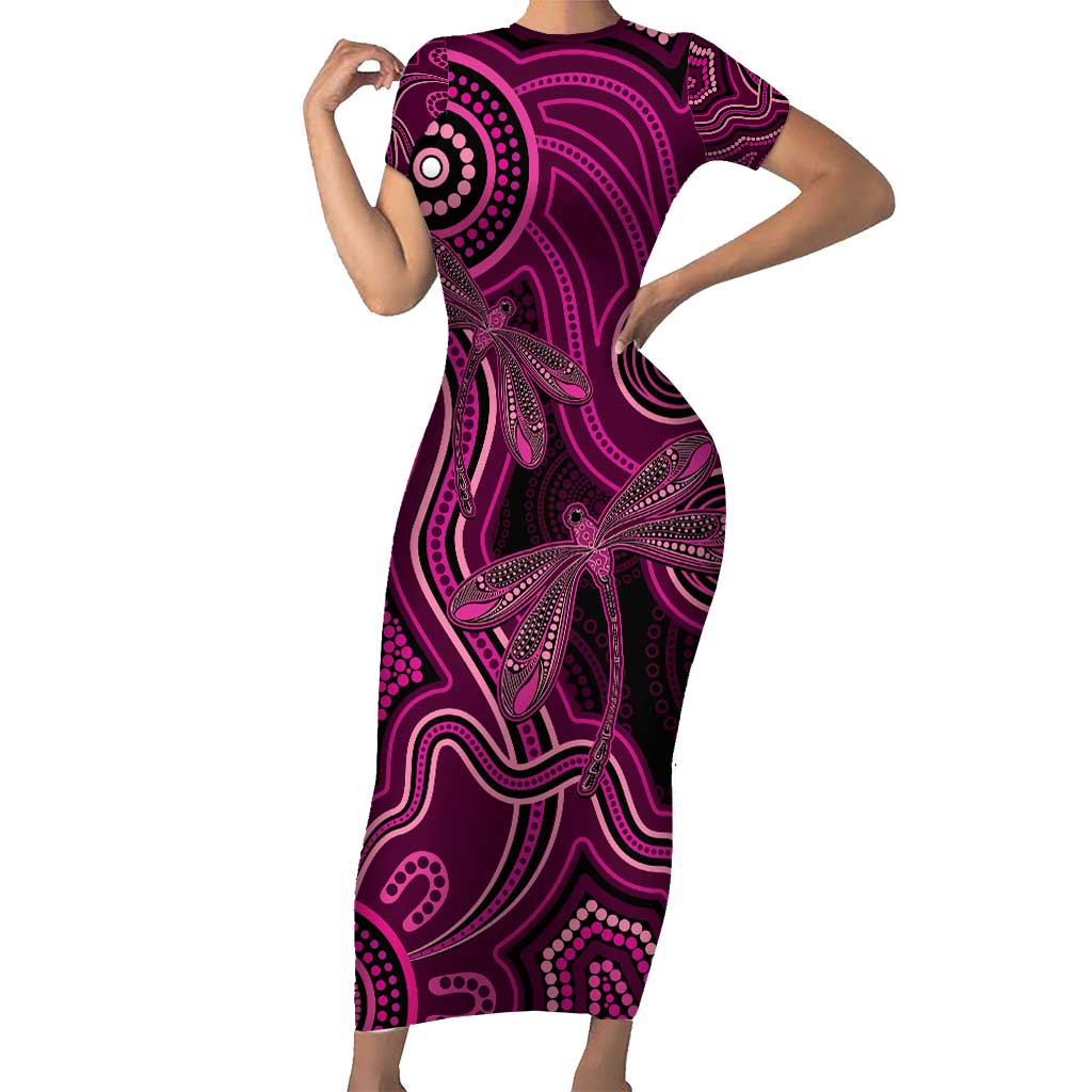 Australia Breast Cancer Awareness Short Sleeve Bodycon Dress Pink Dragonflies Aboriginal Art - Aussie Hoodie