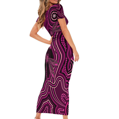 Australia Breast Cancer Awareness Short Sleeve Bodycon Dress Pink Dragonflies Aboriginal Art - Aussie Hoodie