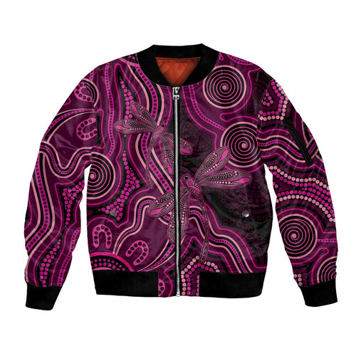 Australia Breast Cancer Awareness Sleeve Zip Bomber Jacket Pink Dragonflies Aboriginal Art - Aussie Hoodie