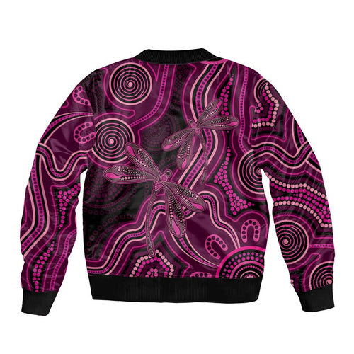 Australia Breast Cancer Awareness Sleeve Zip Bomber Jacket Pink Dragonflies Aboriginal Art - Aussie Hoodie