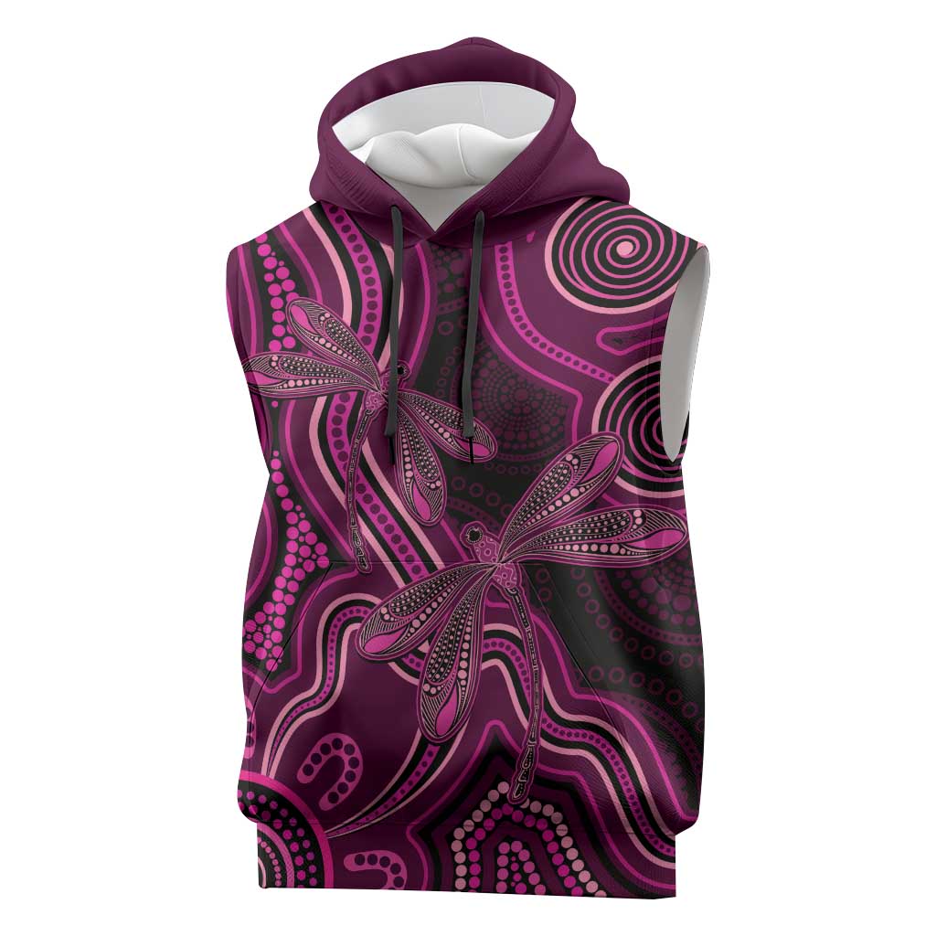 Australia Breast Cancer Awareness Sleeveless Hoodie Pink Dragonflies Aboriginal Art - Aussie Hoodie