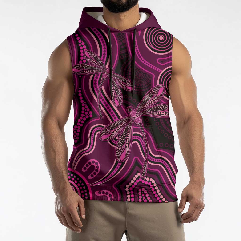Australia Breast Cancer Awareness Sleeveless Hoodie Pink Dragonflies Aboriginal Art - Aussie Hoodie