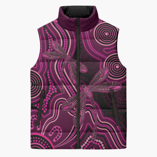 Australia Breast Cancer Awareness Sleeveless Puffer Jacket Pink Dragonflies Aboriginal Art - Aussie Hoodie