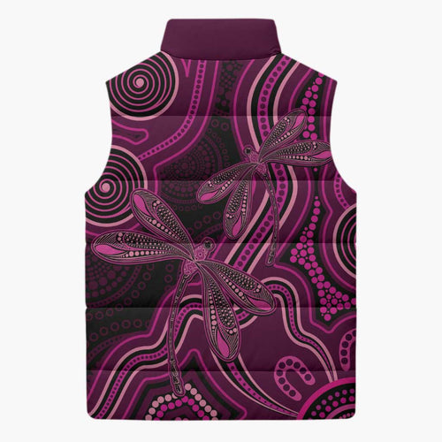 Australia Breast Cancer Awareness Sleeveless Puffer Jacket Pink Dragonflies Aboriginal Art - Aussie Hoodie