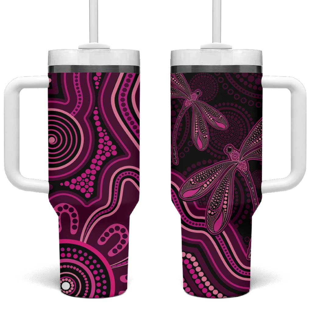 Australia Breast Cancer Awareness Tumbler With Handle Pink Dragonflies Aboriginal Art - Aussie Hoodie