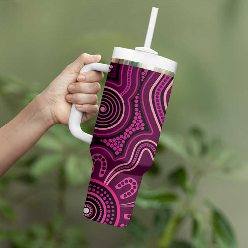 Australia Breast Cancer Awareness Tumbler With Handle Pink Dragonflies Aboriginal Art - Aussie Hoodie
