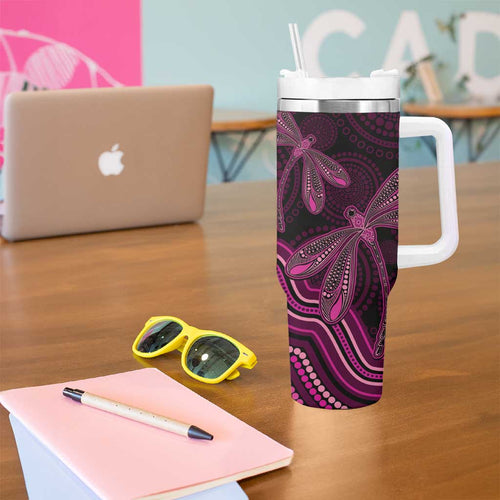 Australia Breast Cancer Awareness Tumbler With Handle Pink Dragonflies Aboriginal Art - Aussie Hoodie