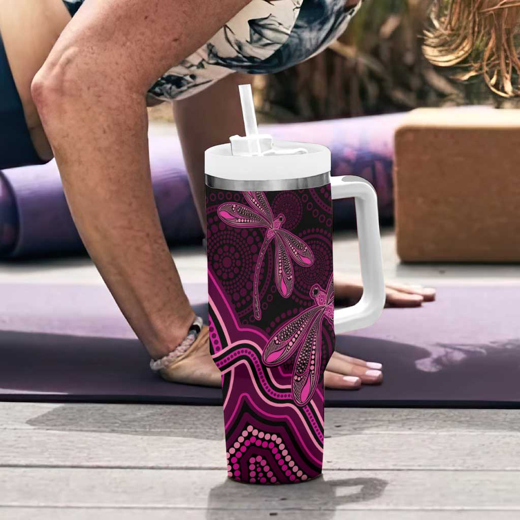 Australia Breast Cancer Awareness Tumbler With Handle Pink Dragonflies Aboriginal Art - Aussie Hoodie