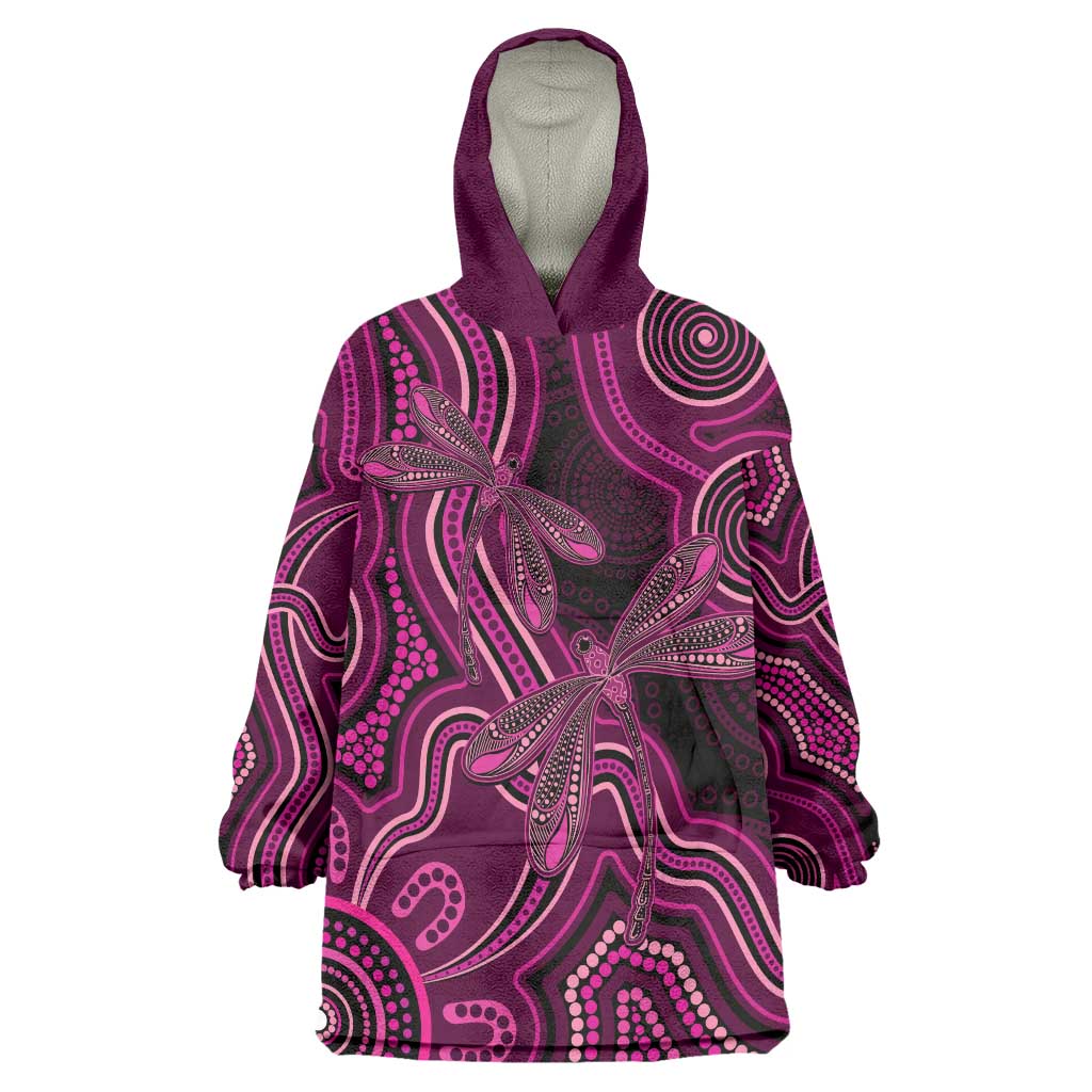 Australia Breast Cancer Awareness Wearable Blanket Hoodie Pink Dragonflies Aboriginal Art - Aussie Hoodie