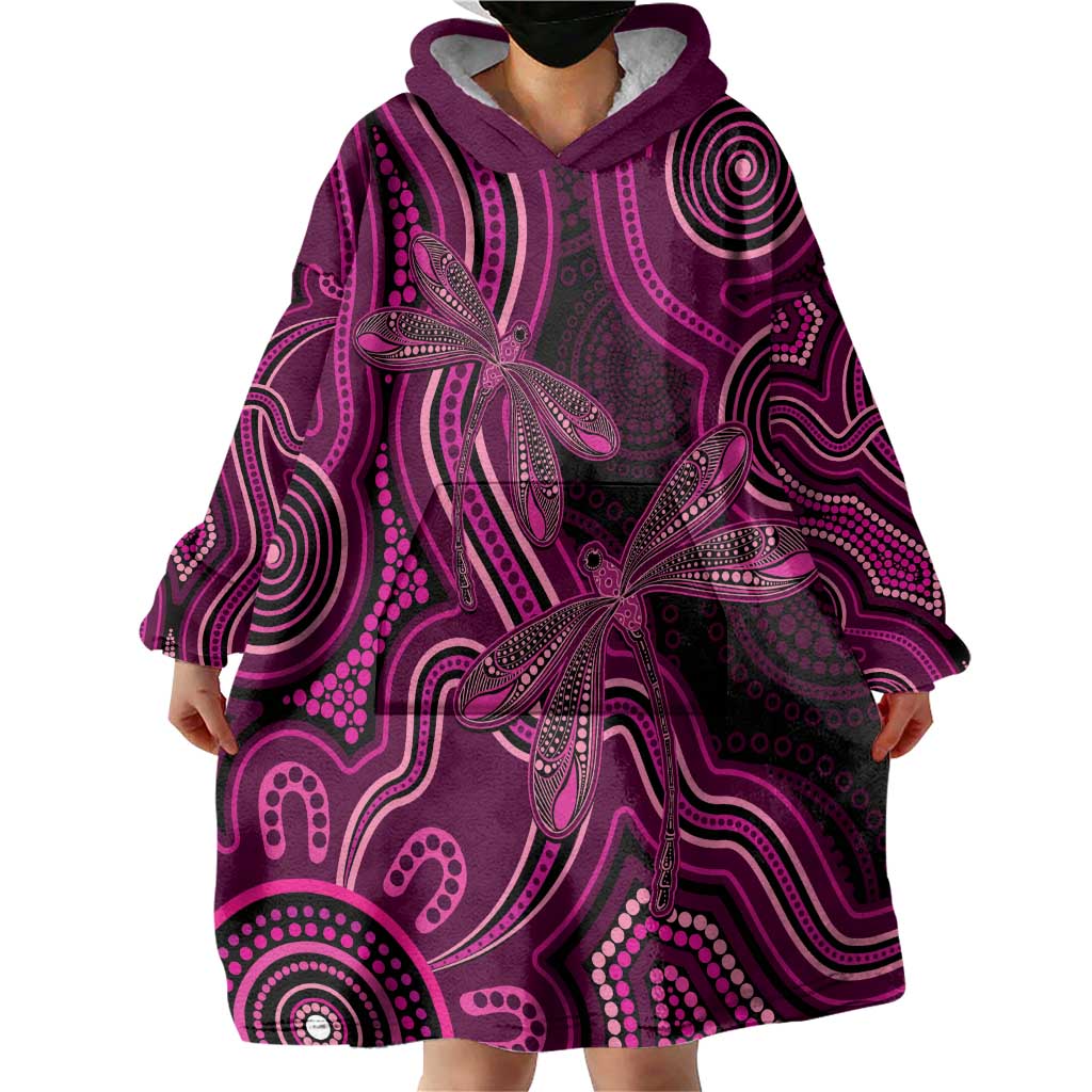 Australia Breast Cancer Awareness Wearable Blanket Hoodie Pink Dragonflies Aboriginal Art - Aussie Hoodie