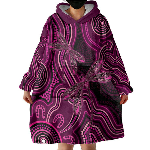 Australia Breast Cancer Awareness Wearable Blanket Hoodie Pink Dragonflies Aboriginal Art - Aussie Hoodie
