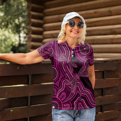 Australia Breast Cancer Awareness Women Polo Shirt Pink Dragonflies Aboriginal Art - Aussie Hoodie