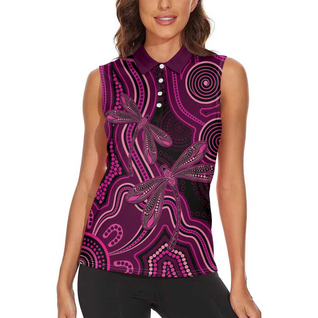Australia Breast Cancer Awareness Women Sleeveless Polo Shirt Pink Dragonflies Aboriginal Art - Aussie Hoodie