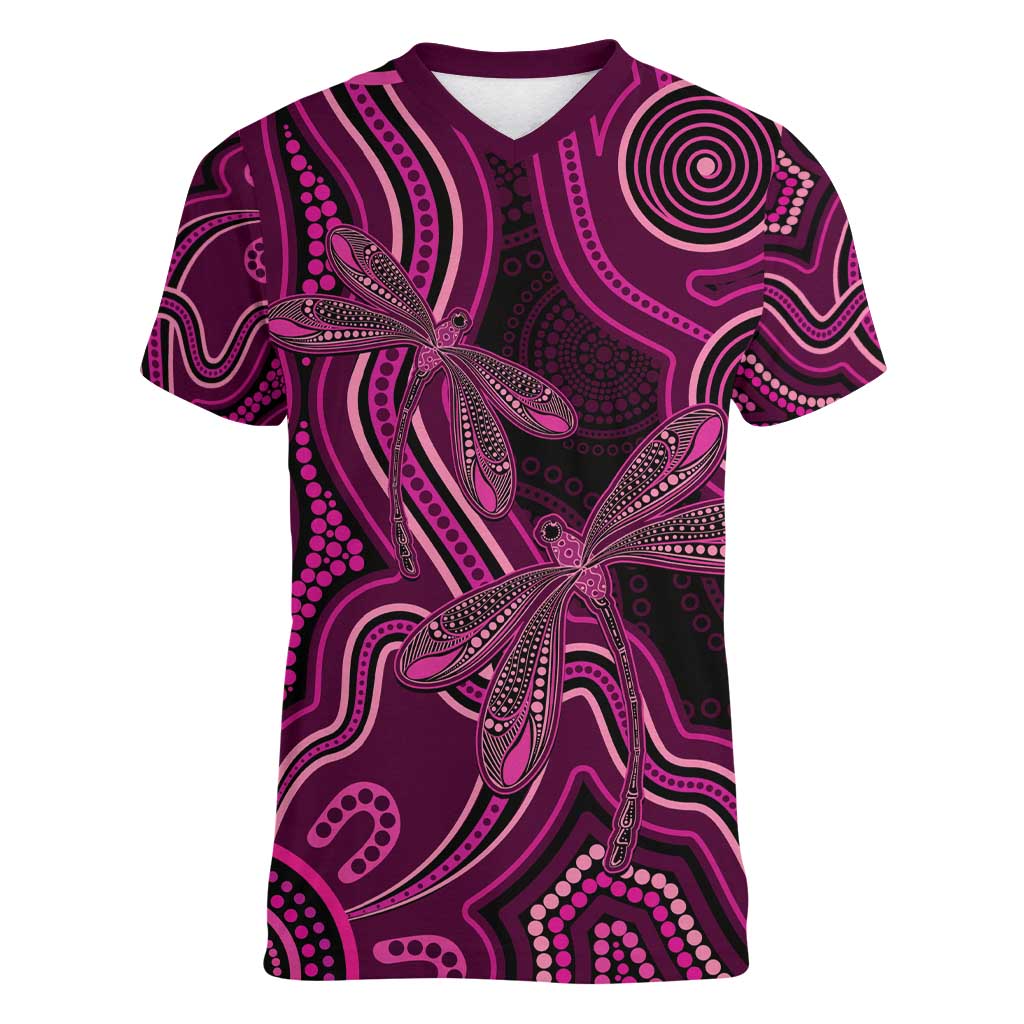 Australia Breast Cancer Awareness Women V-Neck T-Shirt Pink Dragonflies Aboriginal Art - Aussie Hoodie