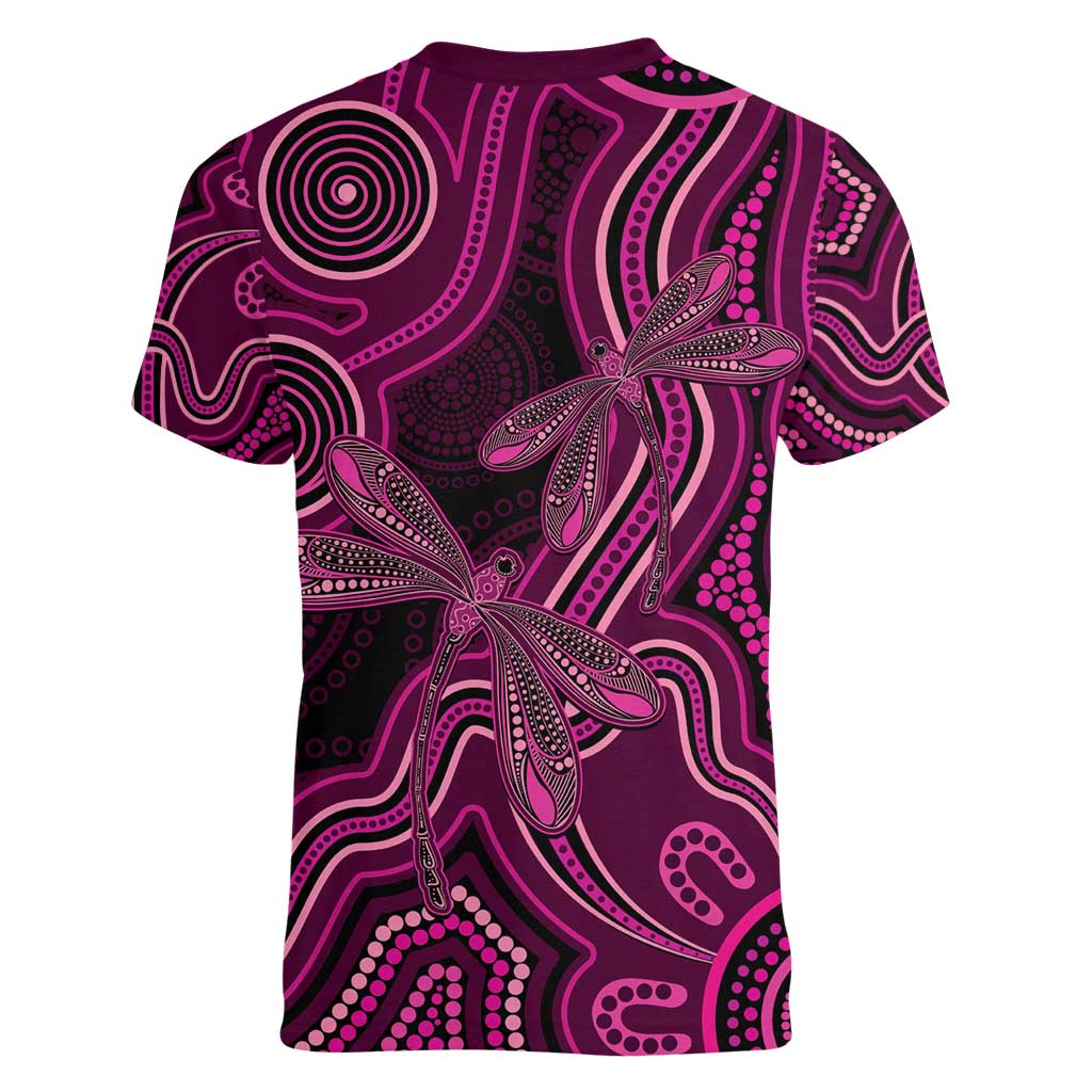 Australia Breast Cancer Awareness Women V-Neck T-Shirt Pink Dragonflies Aboriginal Art - Aussie Hoodie