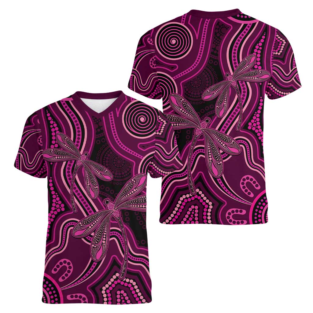 Australia Breast Cancer Awareness Women V-Neck T-Shirt Pink Dragonflies Aboriginal Art - Aussie Hoodie