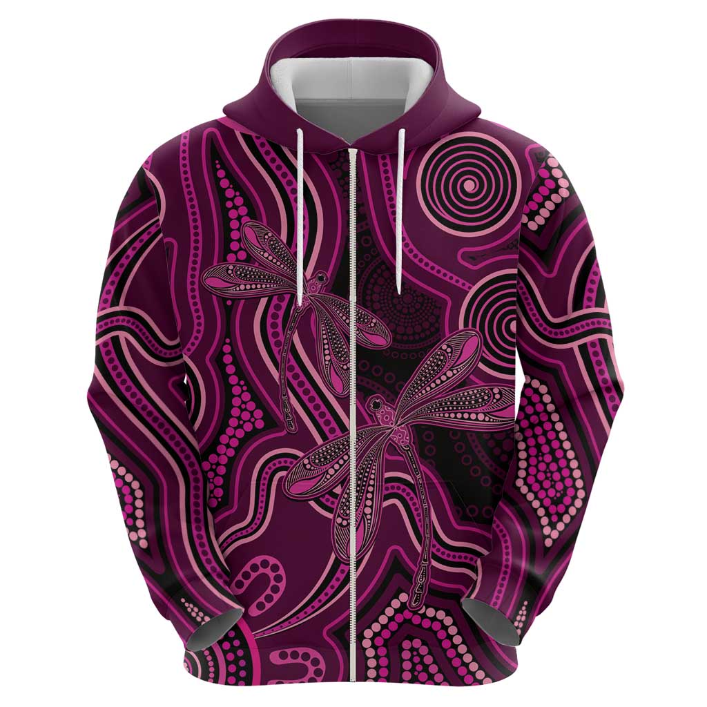 Australia Breast Cancer Awareness Zip Hoodie Pink Dragonflies Aboriginal Art - Aussie Hoodie