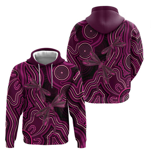 Australia Breast Cancer Awareness Zip Hoodie Pink Dragonflies Aboriginal Art - Aussie Hoodie