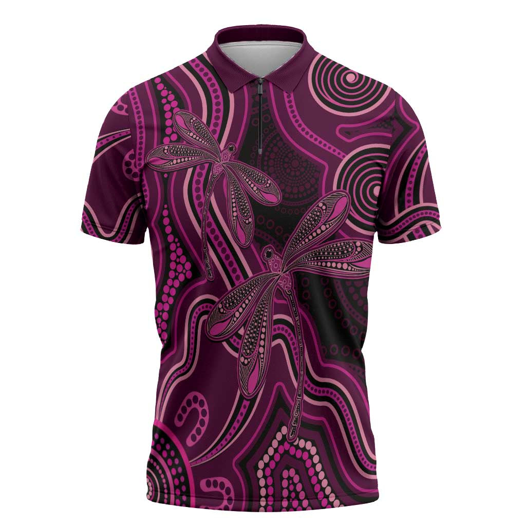 Australia Breast Cancer Awareness Zipper Polo Shirt Pink Dragonflies Aboriginal Art - Aussie Hoodie