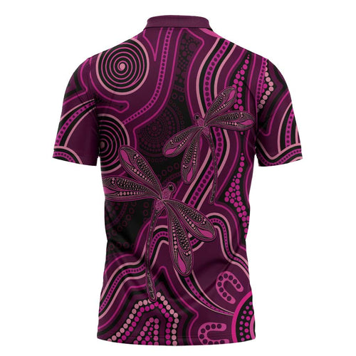 Australia Breast Cancer Awareness Zipper Polo Shirt Pink Dragonflies Aboriginal Art - Aussie Hoodie