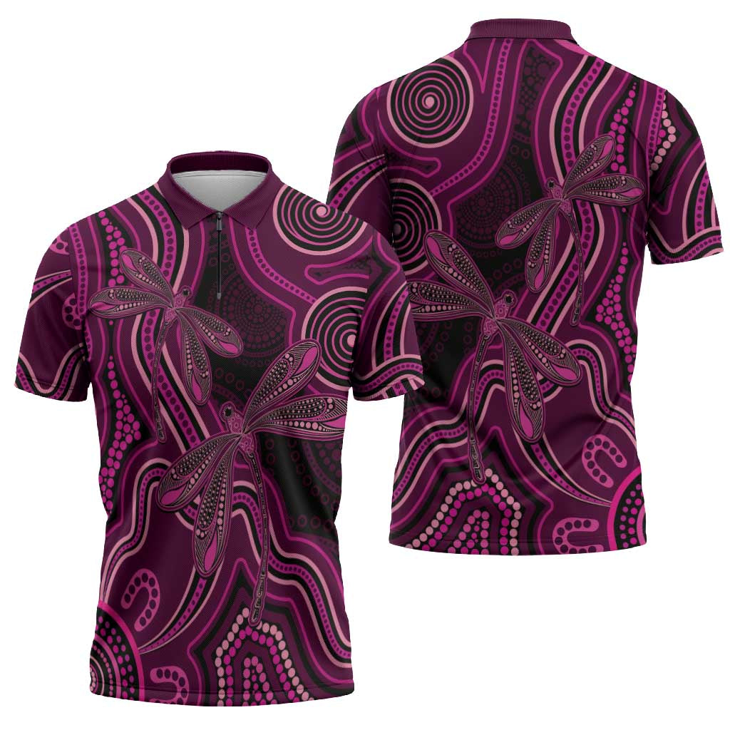 Australia Breast Cancer Awareness Zipper Polo Shirt Pink Dragonflies Aboriginal Art - Aussie Hoodie