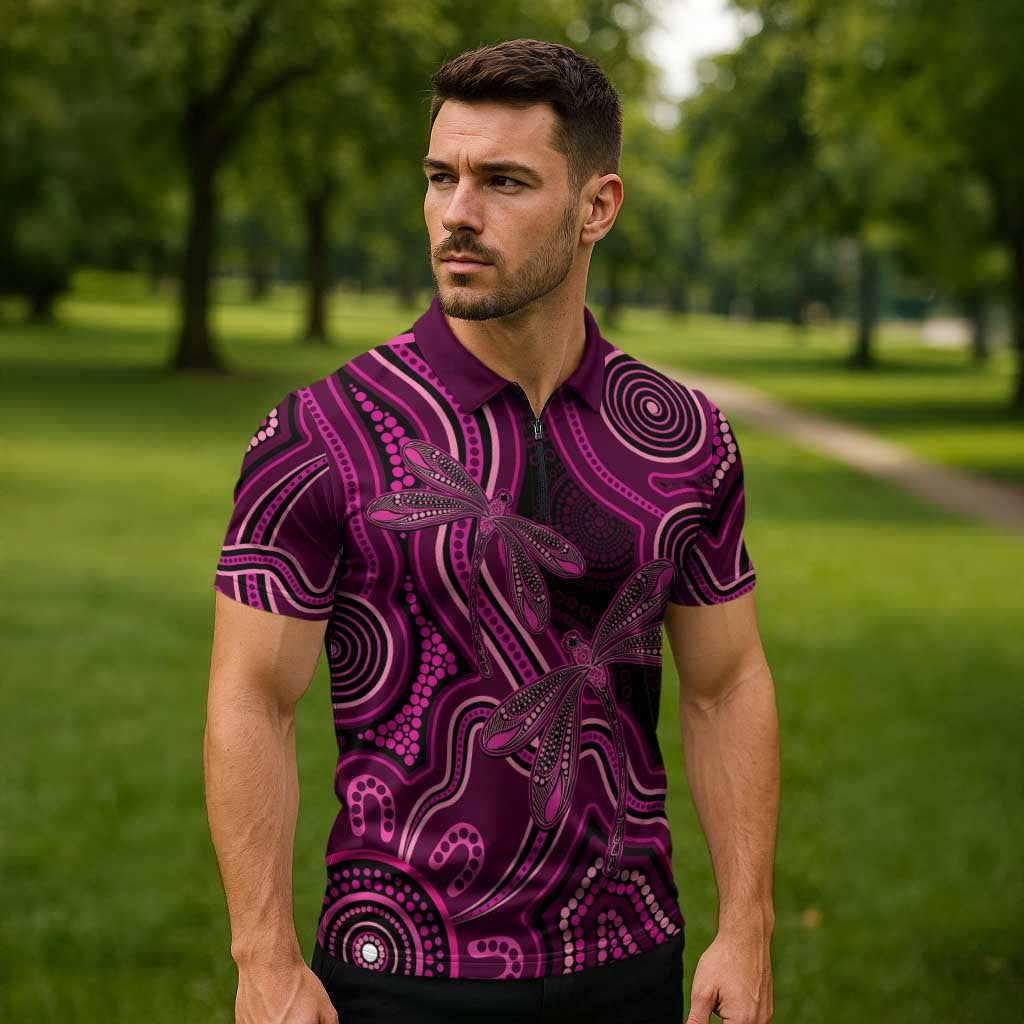 Australia Breast Cancer Awareness Zipper Polo Shirt Pink Dragonflies Aboriginal Art - Aussie Hoodie