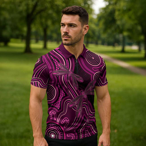 Australia Breast Cancer Awareness Zipper Polo Shirt Pink Dragonflies Aboriginal Art - Aussie Hoodie