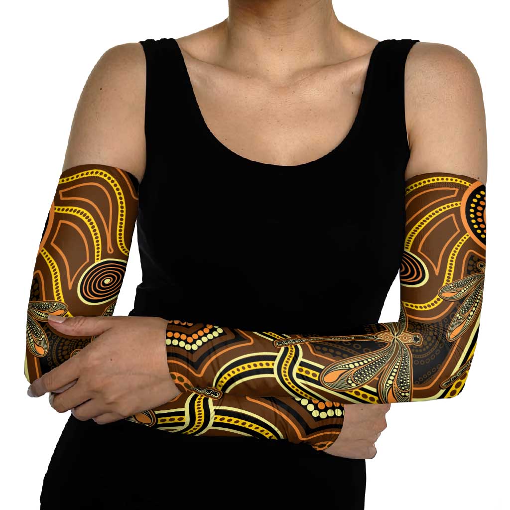 Orange Indigenous Dragonfly Australia Arm Sleeves Aboriginal Art - Aussie Hoodie