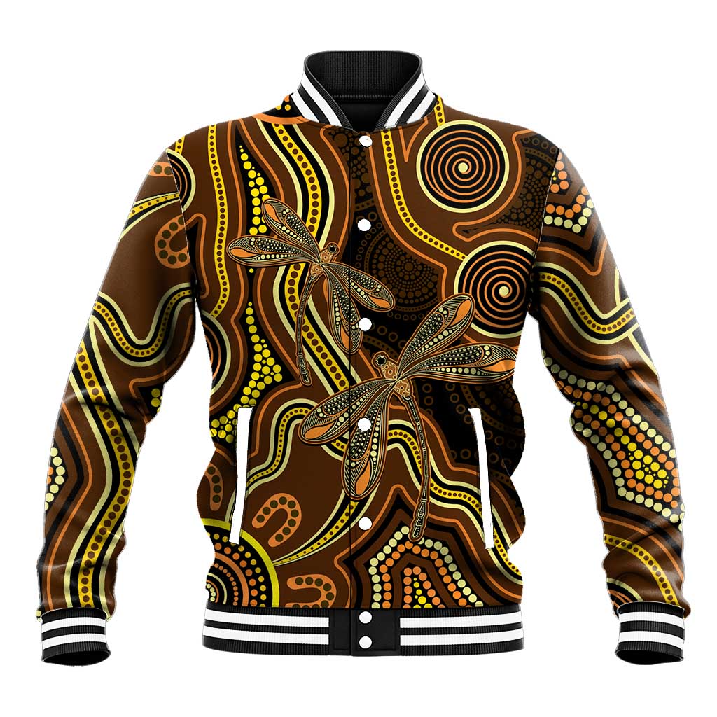 Orange Indigenous Dragonfly Australia Baseball Jacket Aboriginal Art - Aussie Hoodie