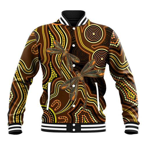 Orange Indigenous Dragonfly Australia Baseball Jacket Aboriginal Art - Aussie Hoodie