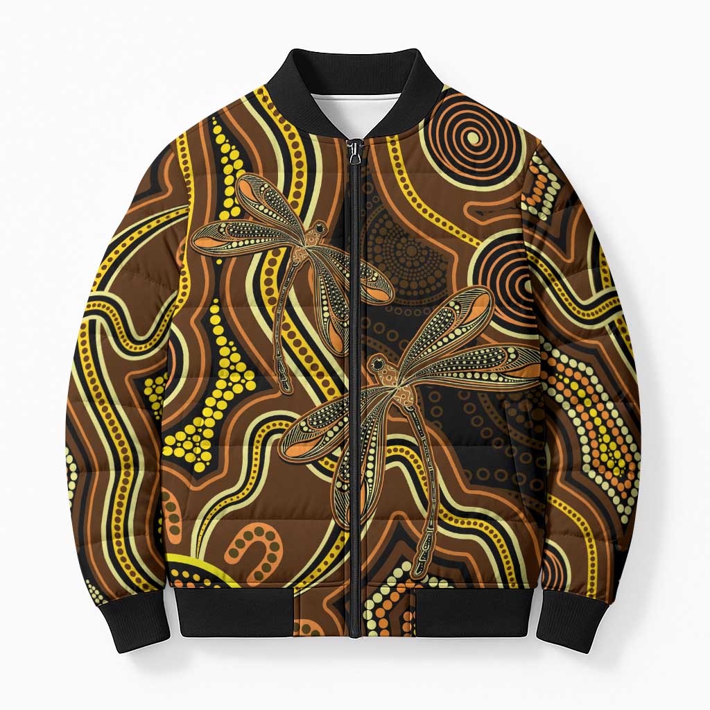 Orange Indigenous Dragonfly Australia Bomber Puffer Jacket Aboriginal Art - Aussie Hoodie