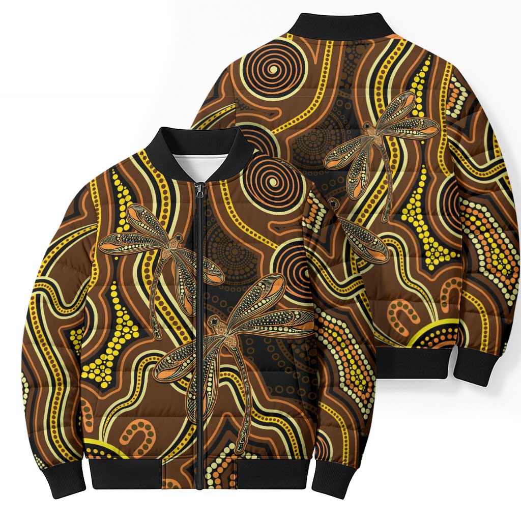 Orange Indigenous Dragonfly Australia Bomber Puffer Jacket Aboriginal Art - Aussie Hoodie