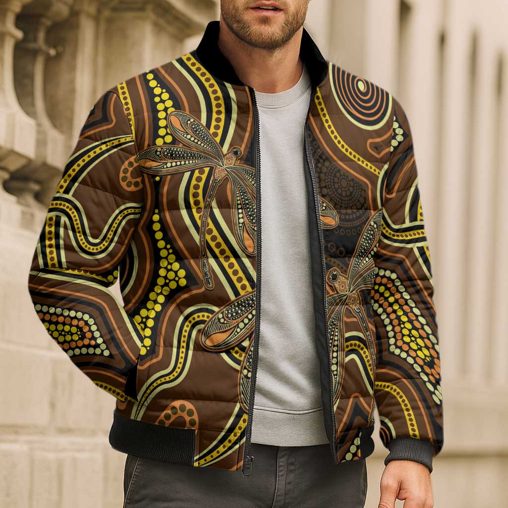 Orange Indigenous Dragonfly Australia Bomber Puffer Jacket Aboriginal Art - Aussie Hoodie