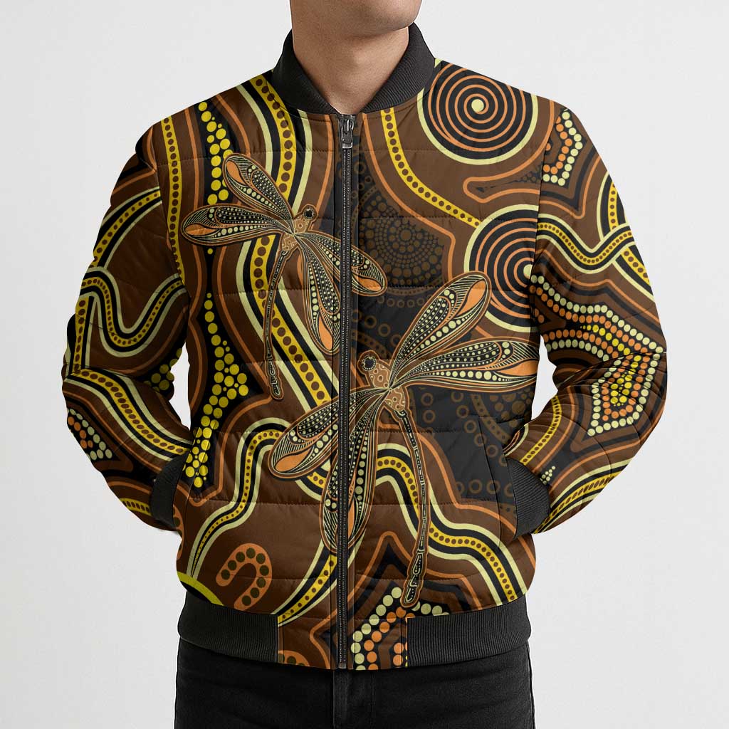 Orange Indigenous Dragonfly Australia Bomber Puffer Jacket Aboriginal Art - Aussie Hoodie