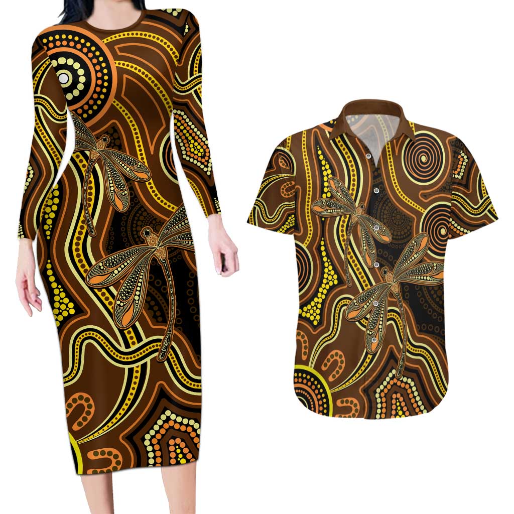 Orange Indigenous Dragonfly Australia Couples Matching Long Sleeve Bodycon Dress and Hawaiian Shirt Aboriginal Art - Aussie Hoodie