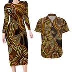Orange Indigenous Dragonfly Australia Couples Matching Long Sleeve Bodycon Dress and Hawaiian Shirt Aboriginal Art - Aussie Hoodie