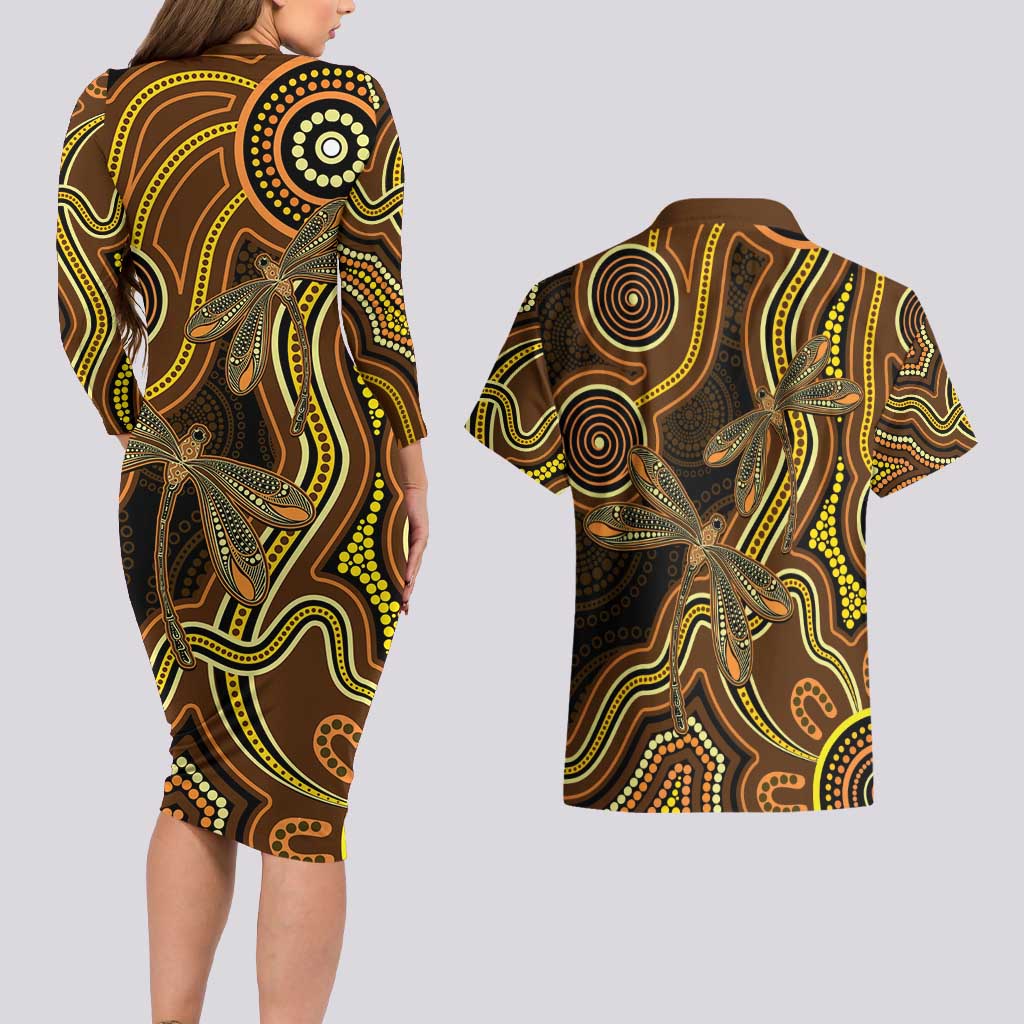 Orange Indigenous Dragonfly Australia Couples Matching Long Sleeve Bodycon Dress and Hawaiian Shirt Aboriginal Art - Aussie Hoodie