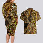 Orange Indigenous Dragonfly Australia Couples Matching Long Sleeve Bodycon Dress and Hawaiian Shirt Aboriginal Art - Aussie Hoodie